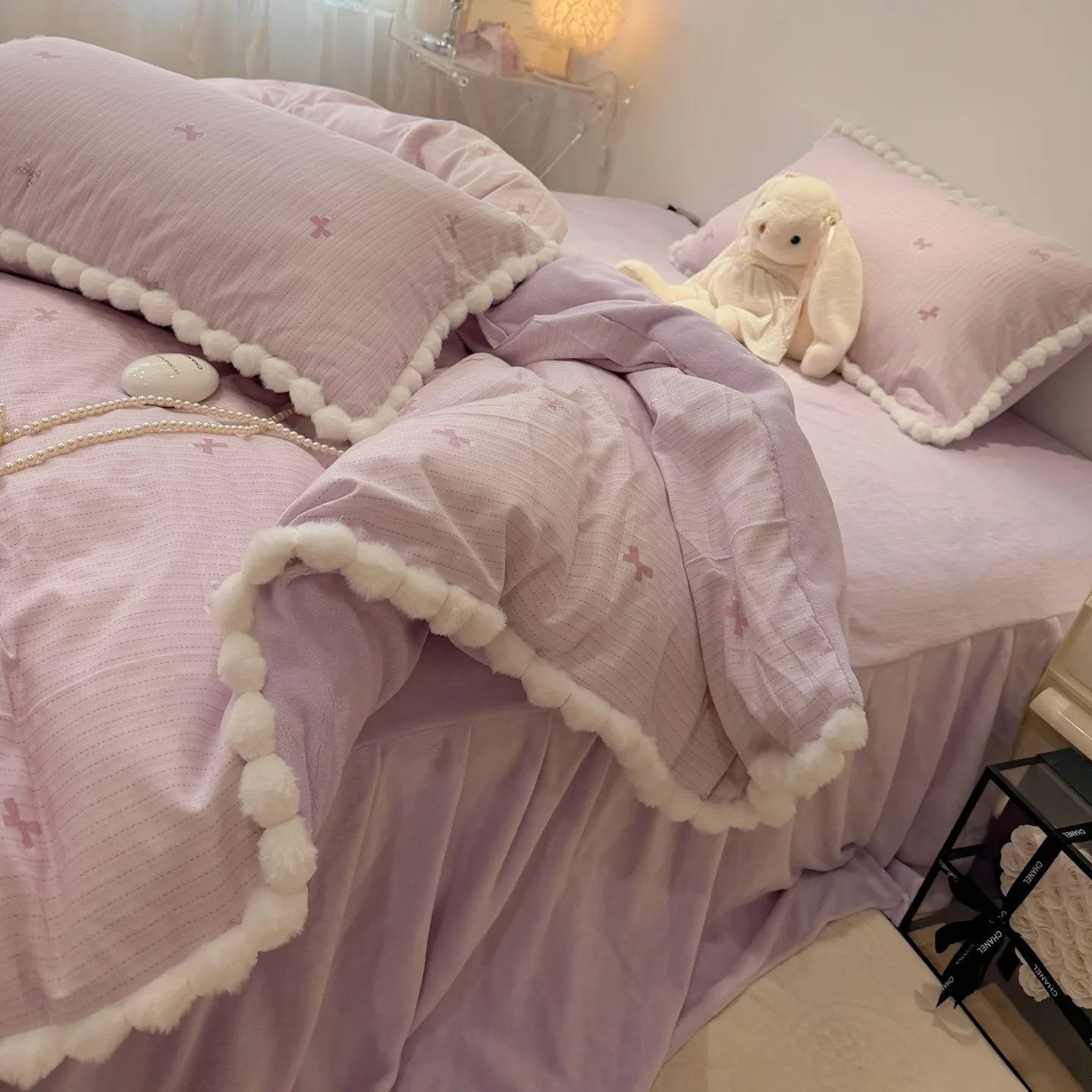 100% Cotton Double Layer Gauze 4-Piece Bedding Set - Milk Fiber Pom Poms Duvet Cover Set Soft Breathable for Bedroom