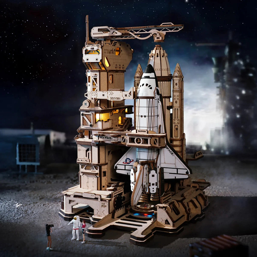 ROKR Space Shuttle 3D Wooden Puzzle Moving Rocket Launch Tower with Lights Mechanical Building Set STEM Project for Adults Teens
