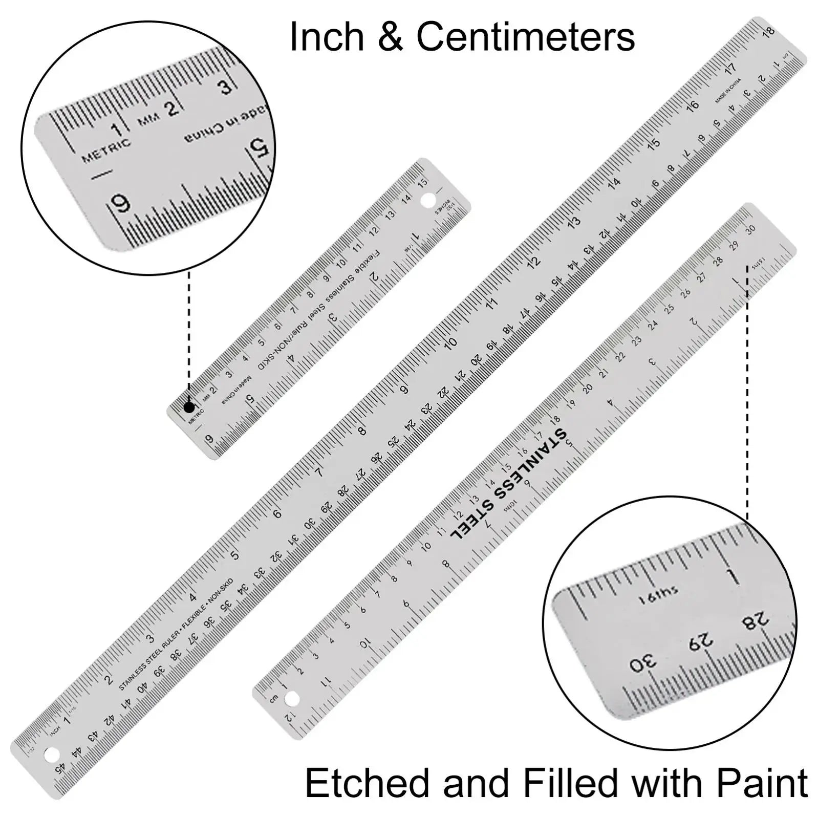 6/12/18 Inch Optional Stainless Steel Metal Ruler with Cork Backing, Inch and Centimeters Non-slip Rulers Measuring Tools