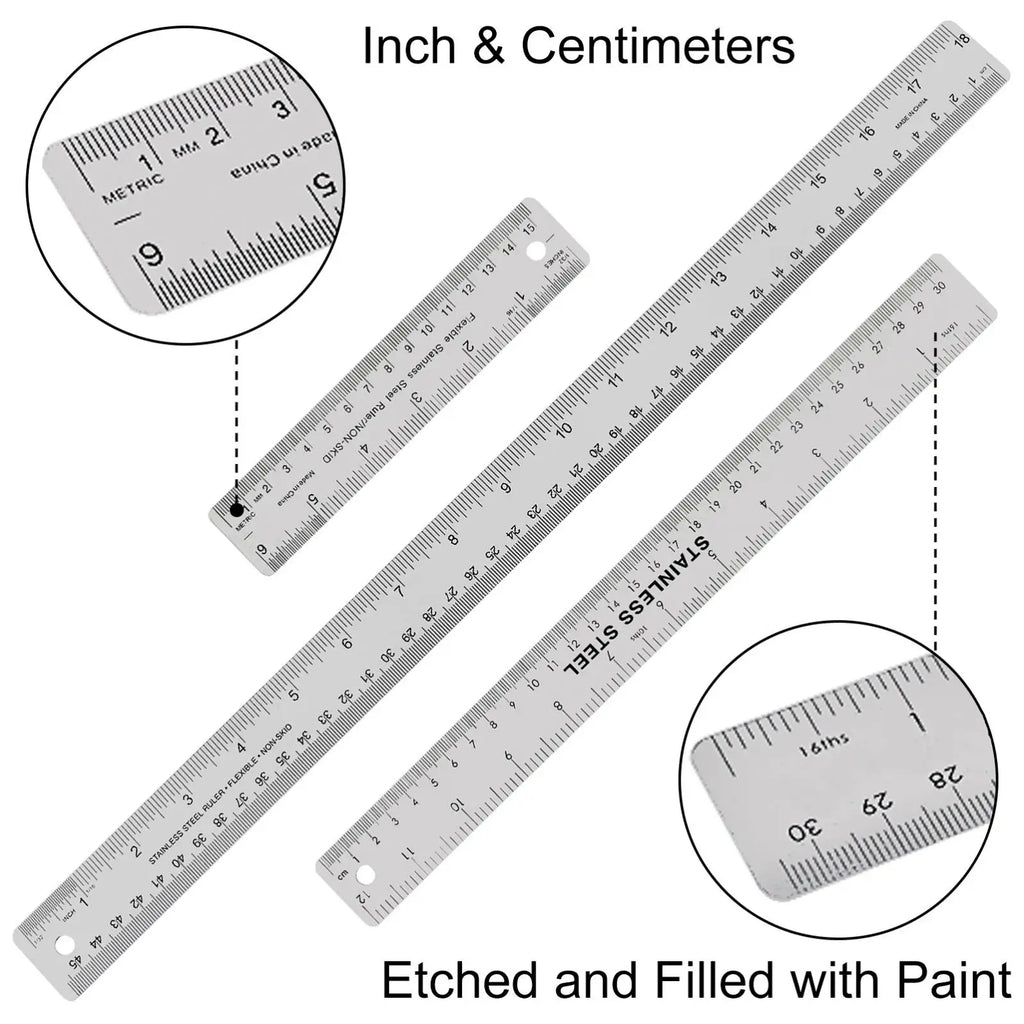 6/12/18 Inch Optional Stainless Steel Metal Ruler with Cork Backing, Inch and Centimeters Non-slip Rulers Measuring Tools