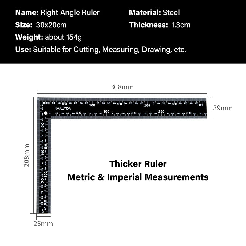 WUTA Leather Cutting Ruler Wide Metal Square Angle Measuring Steel L-Shaped Ruler for Building Framing Gauges Scale 300X200mm