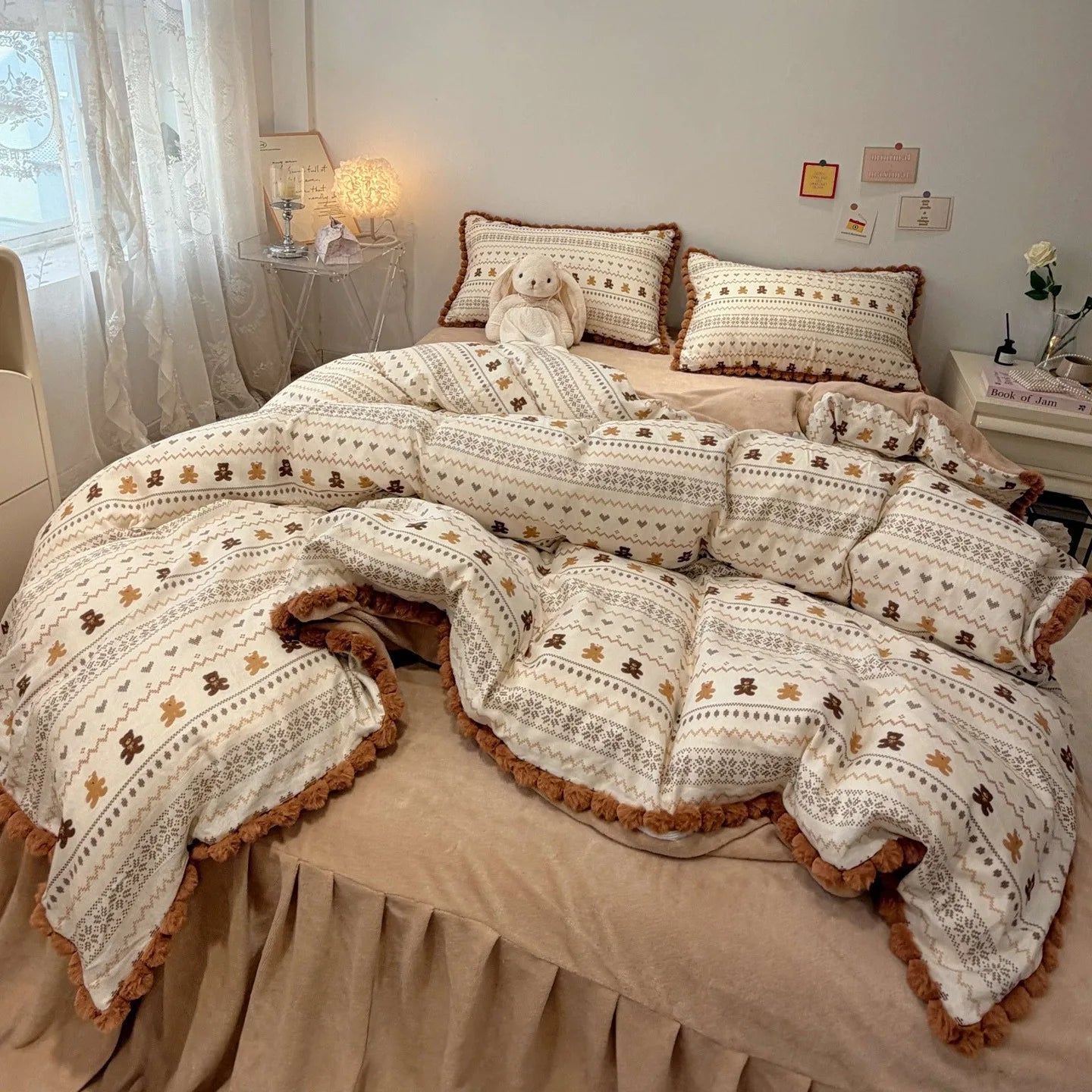100% Cotton Double Layer Gauze 4-Piece Bedding Set - Milk Fiber Pom Poms Duvet Cover Set Soft Breathable for Bedroom