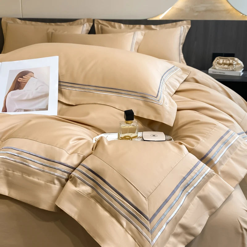 100% Cotton Luxury Hotel Style Bedding Set Queen King Size Solid Color Embroidery Duvet Cover Flat/Fitted Bed Sheet Pillowcases