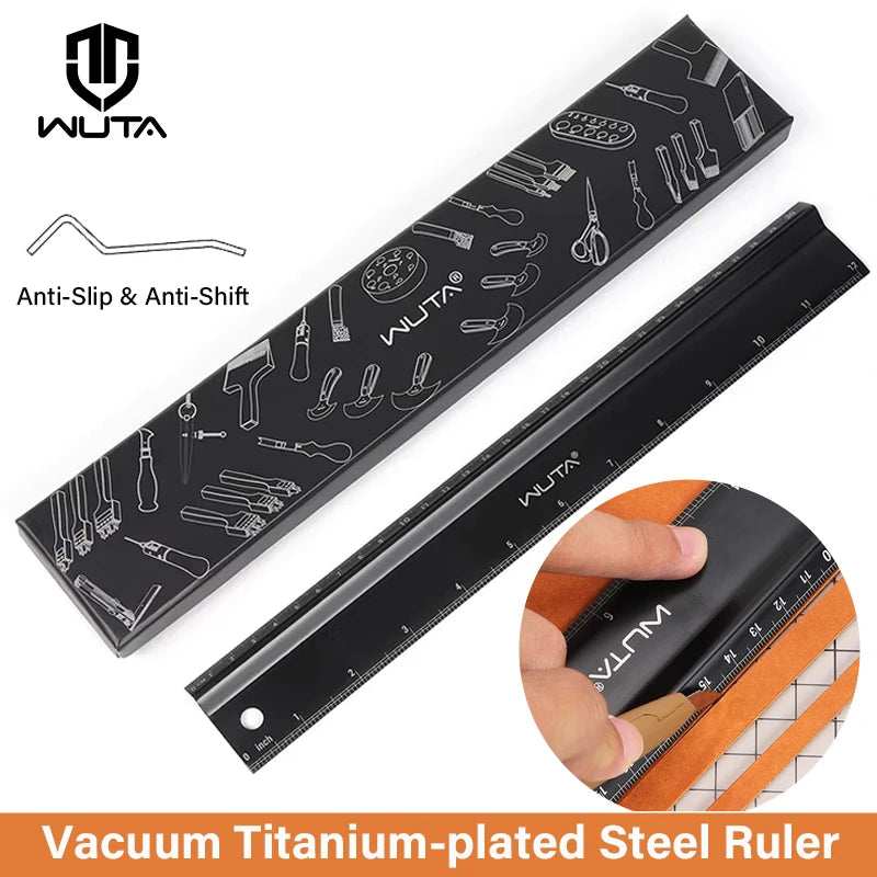 WUTA Leather Cutting Ruler Safety Ruler Titanium Plated Stainless Steel Protective Ruler Metal 30cm 12 inch Non-slip Craft Tools
