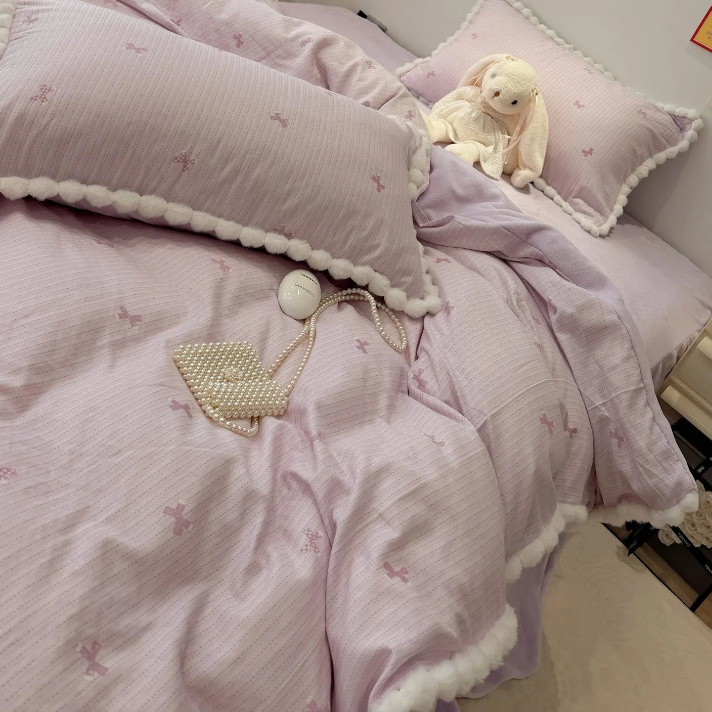 100% Cotton Double Layer Gauze 4-Piece Bedding Set - Milk Fiber Pom Poms Duvet Cover Set Soft Breathable for Bedroom