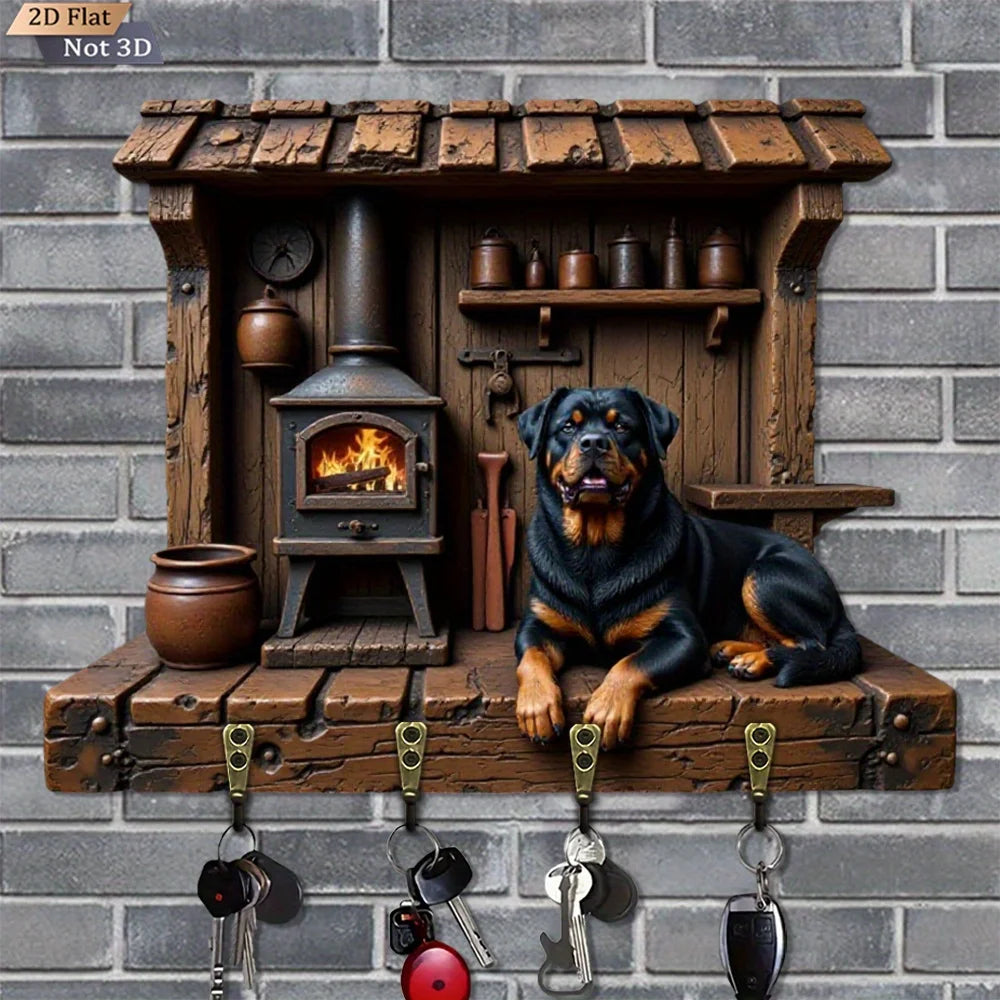 2D Flat, 1pc, Rottweiler log cabin fireplace - shaped wooden multi - functional home key hook rack, with four metal hooks, wall