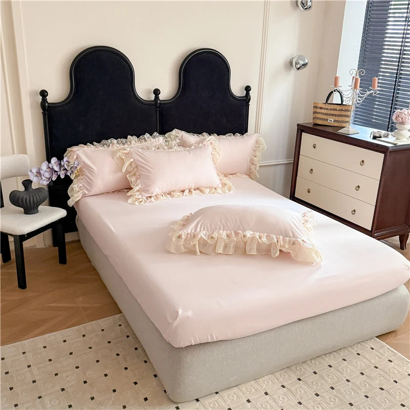 4Pcs Princess Wedding Bedding Set Korean Style Lace Flowers Embroidery Duvet Cover Bed Sheet/Fitted Sheet/Bed Skirt Pillowcases