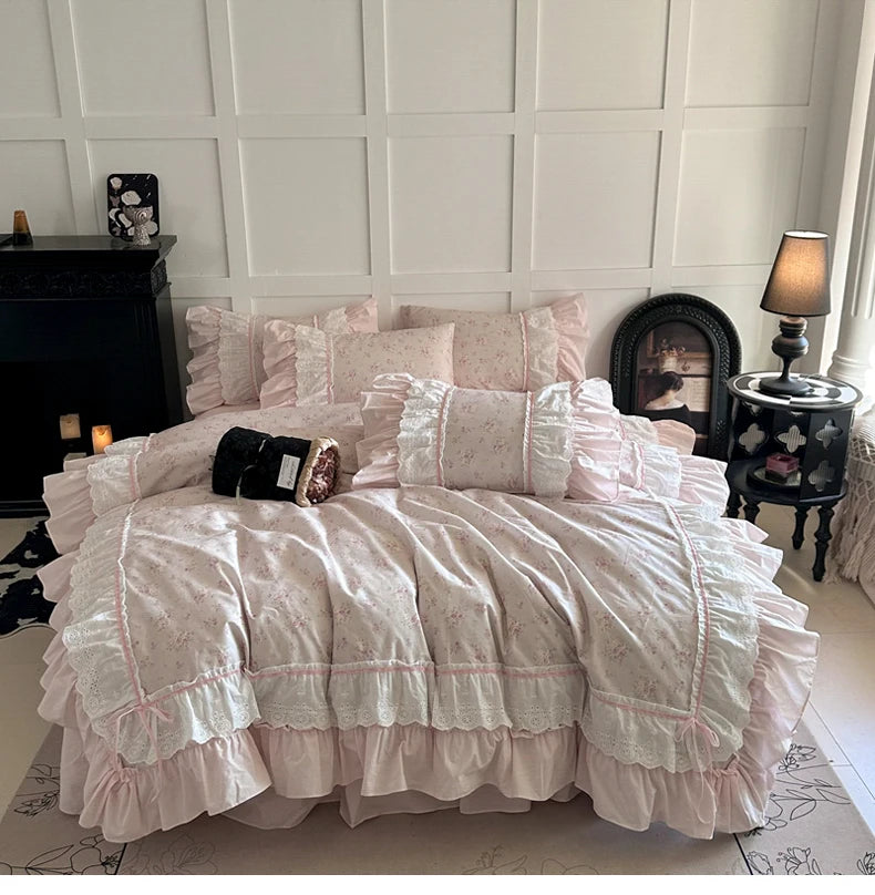 Pink Floral Double Layer Lace Ruffles 100% Cotton Bedding Set Duvet Cover Set Bed Sheet/Bed Skirt/Fitted Sheet Pillowcases 4Pcs
