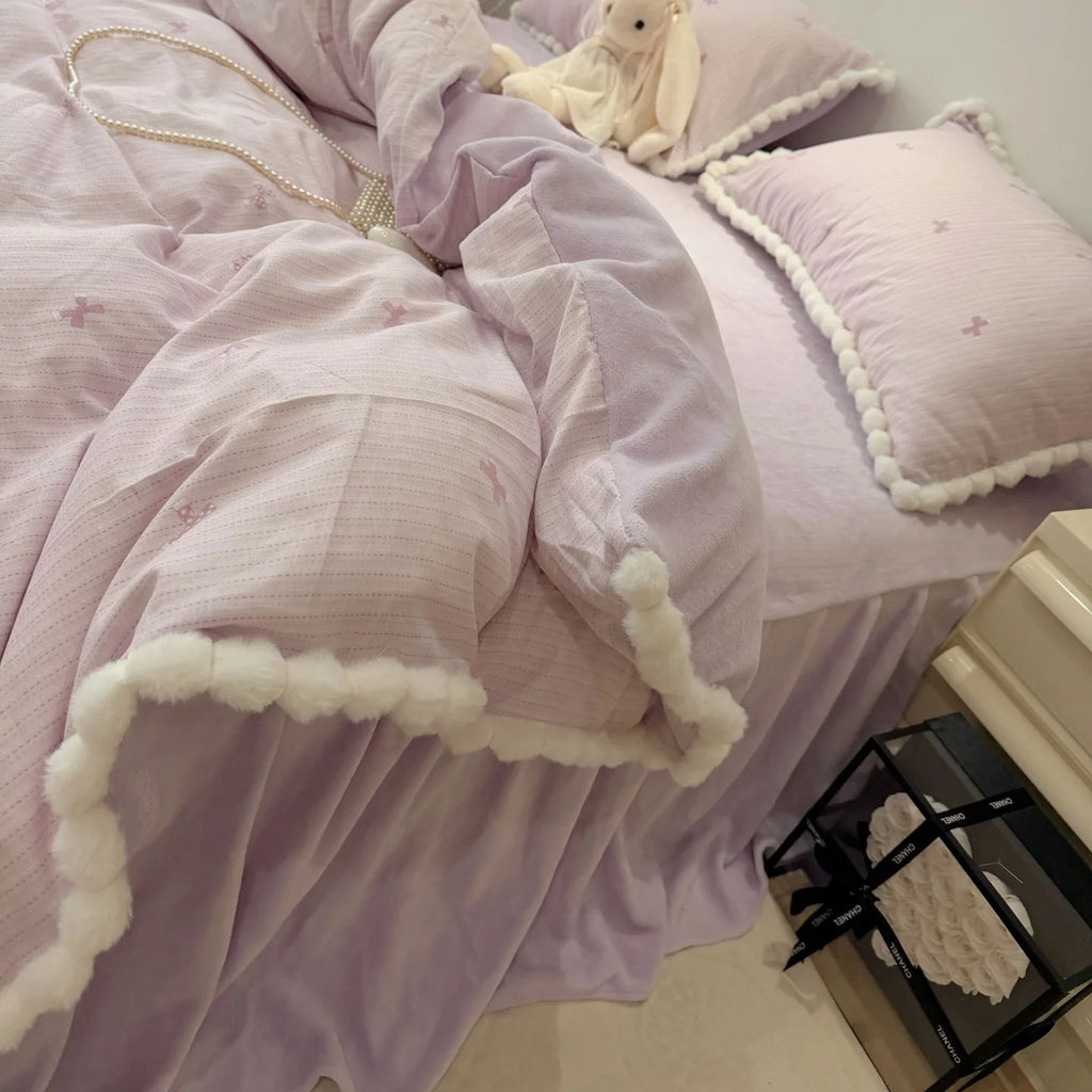 100% Cotton Double Layer Gauze 4-Piece Bedding Set - Milk Fiber Pom Poms Duvet Cover Set Soft Breathable for Bedroom