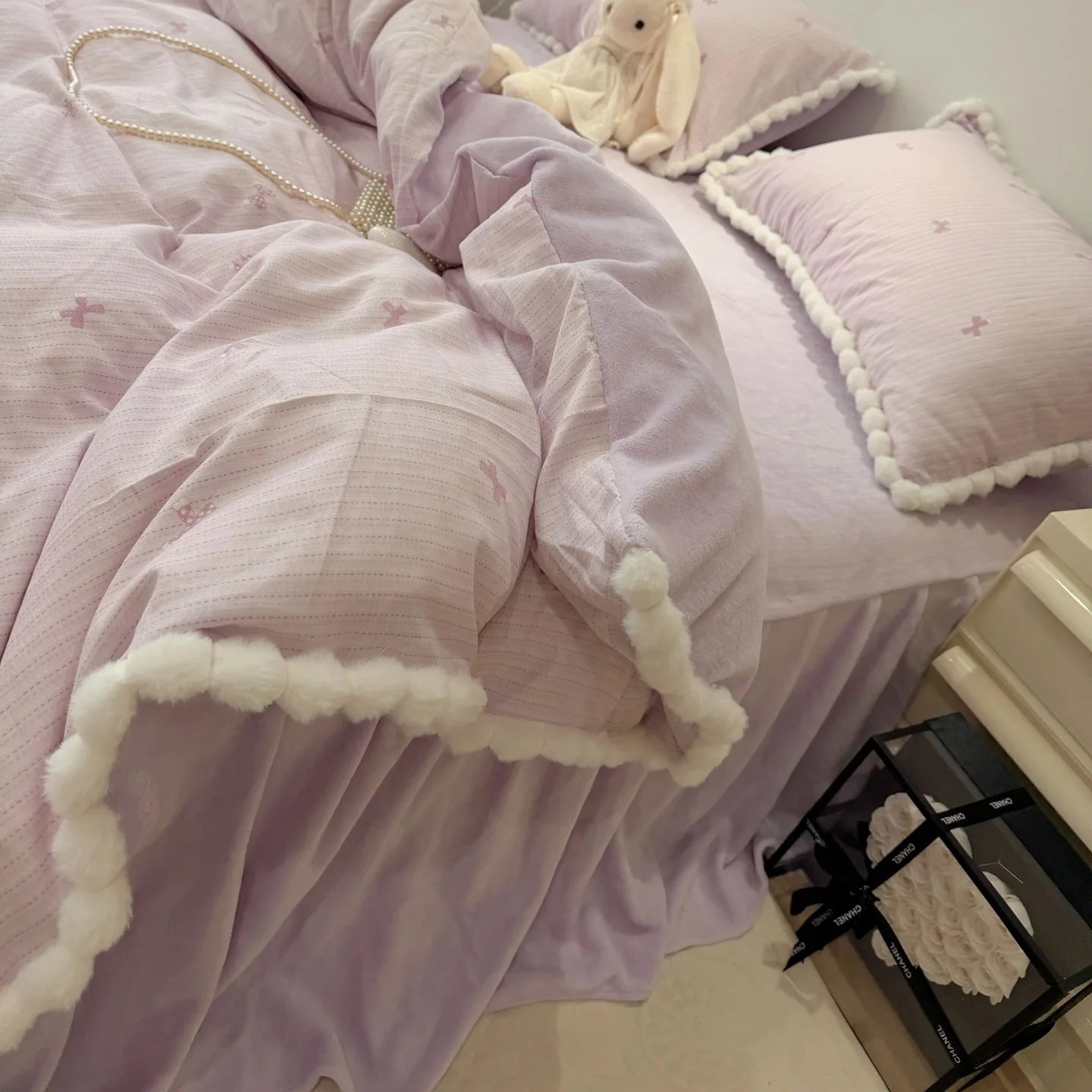 100% Cotton Double Layer Gauze 4-Piece Bedding Set - Milk Fiber Pom Poms Duvet Cover Set Soft Breathable for Bedroom