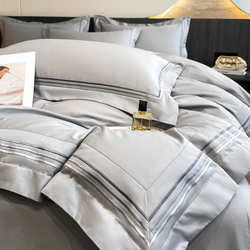 100% Cotton Luxury Hotel Style Bedding Set Queen King Size Solid Color Embroidery Duvet Cover Flat/Fitted Bed Sheet Pillowcases