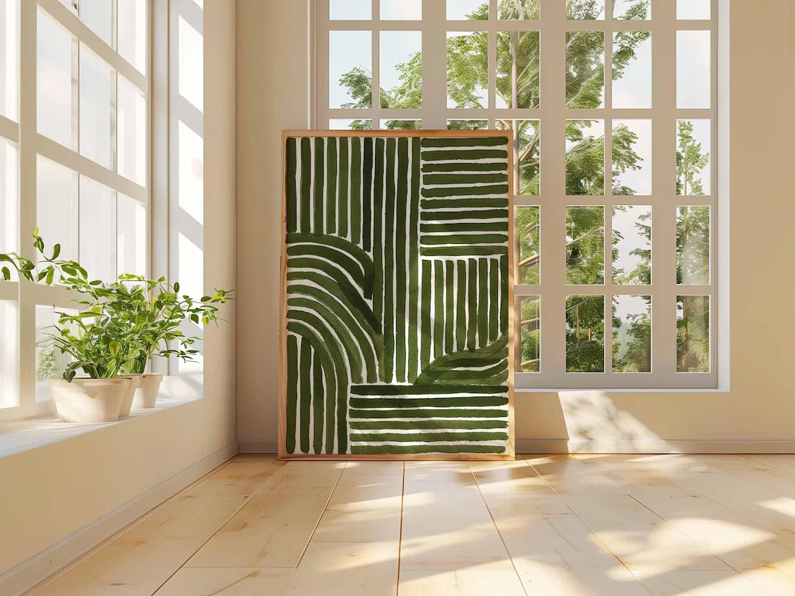 Green Abstract Line Art Print – Modern Minimalist Geometric Poster, Contemporary Wall Decor, Mid Century Inspired Artwork