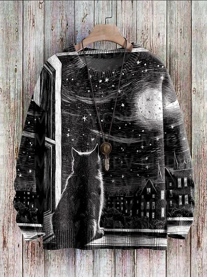 Unisex Vintage Cat Art Print Classic Sweater Men's For Women's Pullover