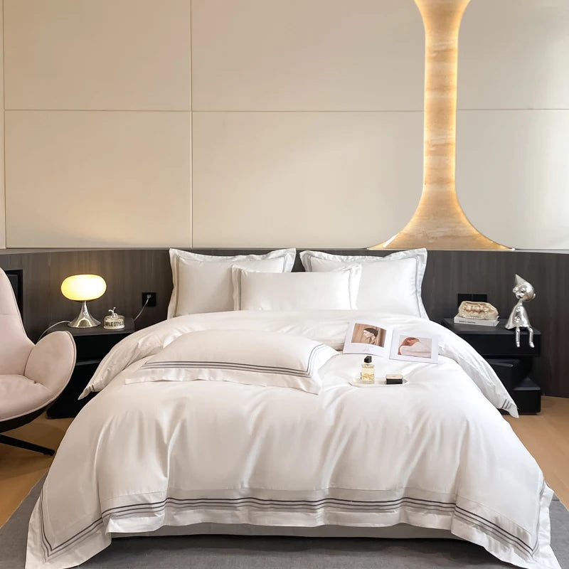 100% Cotton Luxury Hotel Style Bedding Set Queen King Size Solid Color Embroidery Duvet Cover Flat/Fitted Bed Sheet Pillowcases