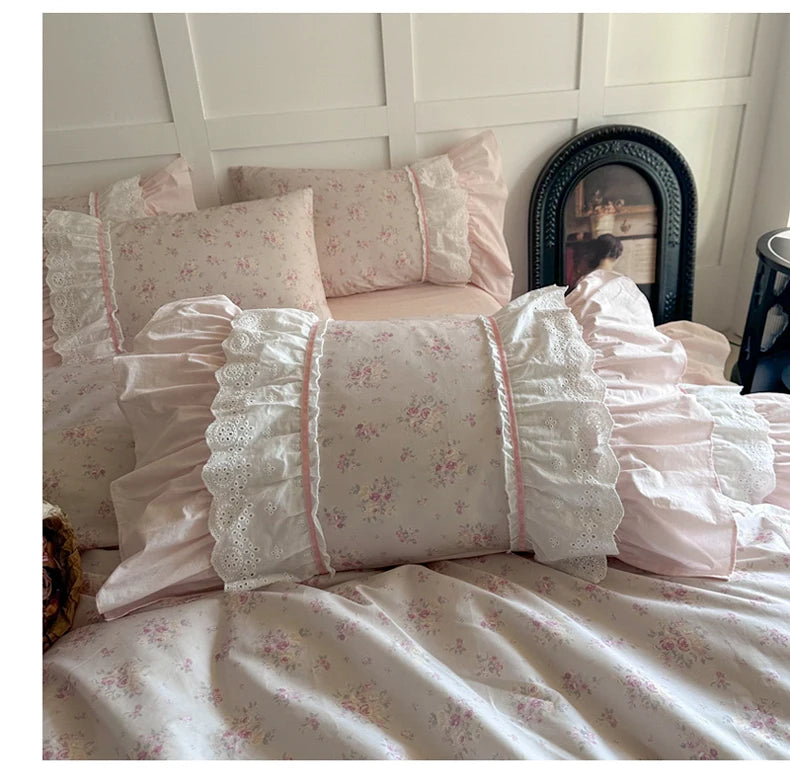 Pink Floral Double Layer Lace Ruffles 100% Cotton Bedding Set Duvet Cover Set Bed Sheet/Bed Skirt/Fitted Sheet Pillowcases 4Pcs