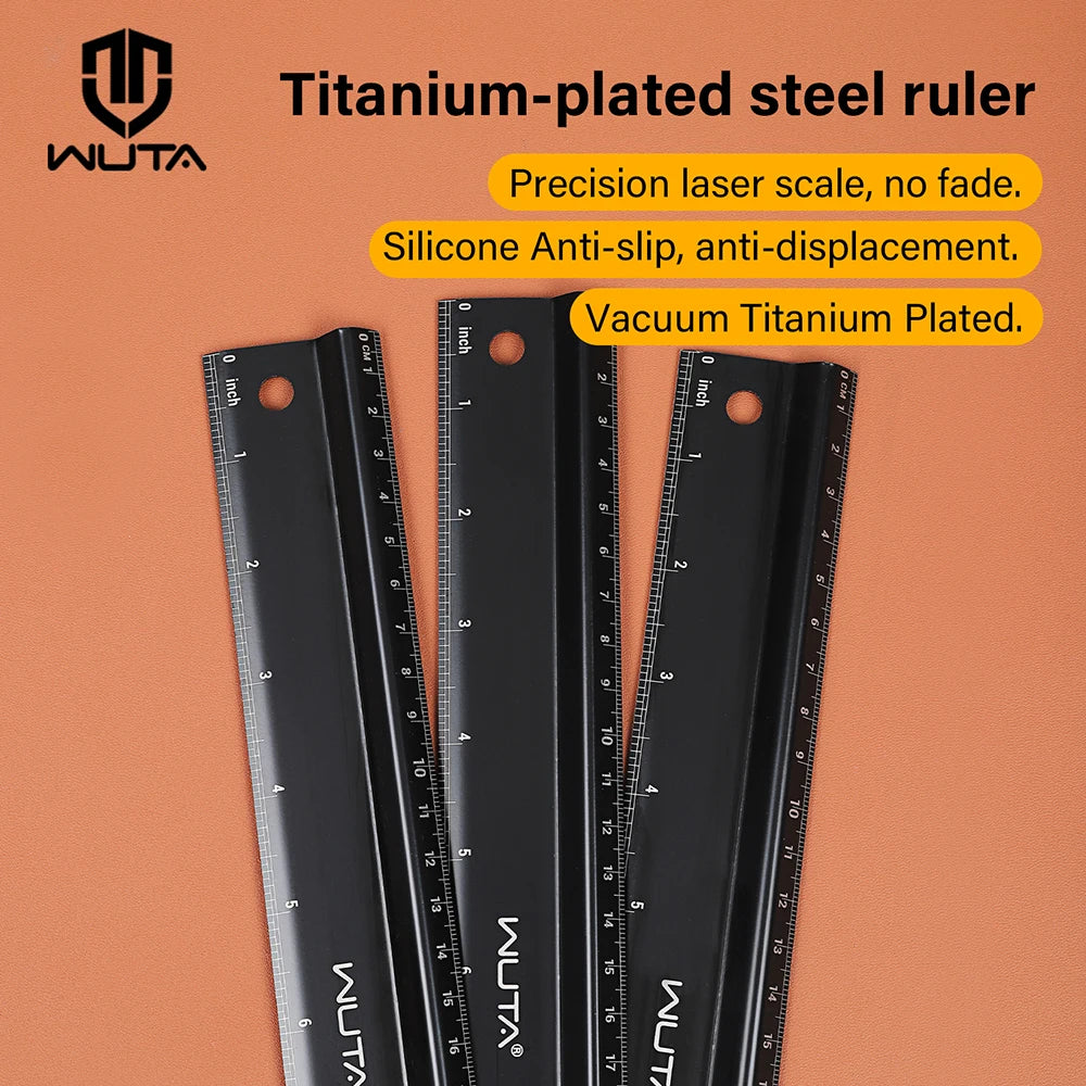 WUTA Leather Cutting Ruler Safety Ruler Titanium Plated Stainless Steel Protective Ruler Metal 30cm 12 inch Non-slip Craft Tools