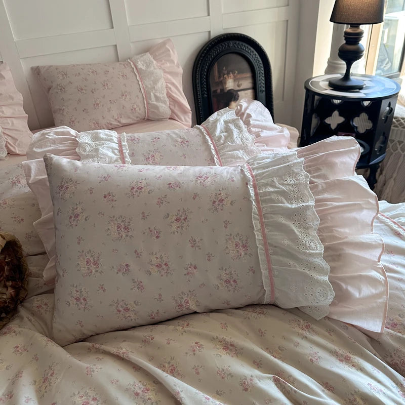 Pink Floral Double Layer Lace Ruffles 100% Cotton Bedding Set Duvet Cover Set Bed Sheet/Bed Skirt/Fitted Sheet Pillowcases 4Pcs