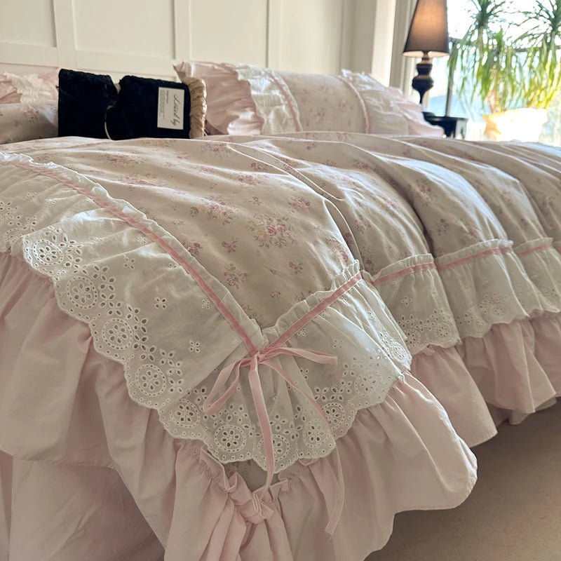 Pink Floral Double Layer Lace Ruffles 100% Cotton Bedding Set Duvet Cover Set Bed Sheet/Bed Skirt/Fitted Sheet Pillowcases 4Pcs