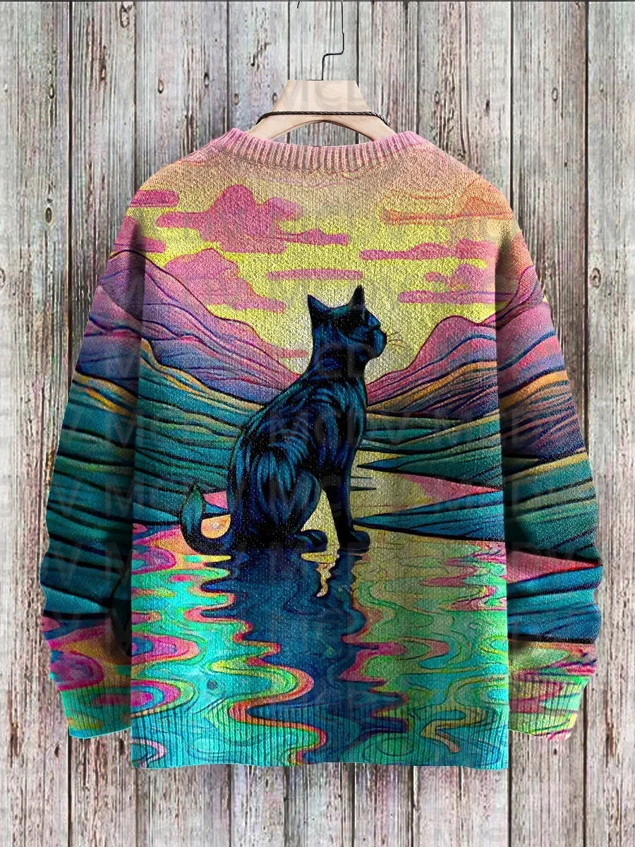Unisex Vintage Cat Art Print Classic Sweater Men's For Women's Pullover