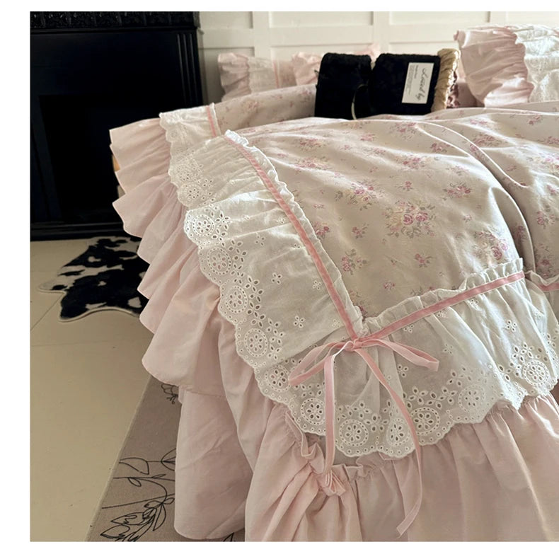 Pink Floral Double Layer Lace Ruffles 100% Cotton Bedding Set Duvet Cover Set Bed Sheet/Bed Skirt/Fitted Sheet Pillowcases 4Pcs
