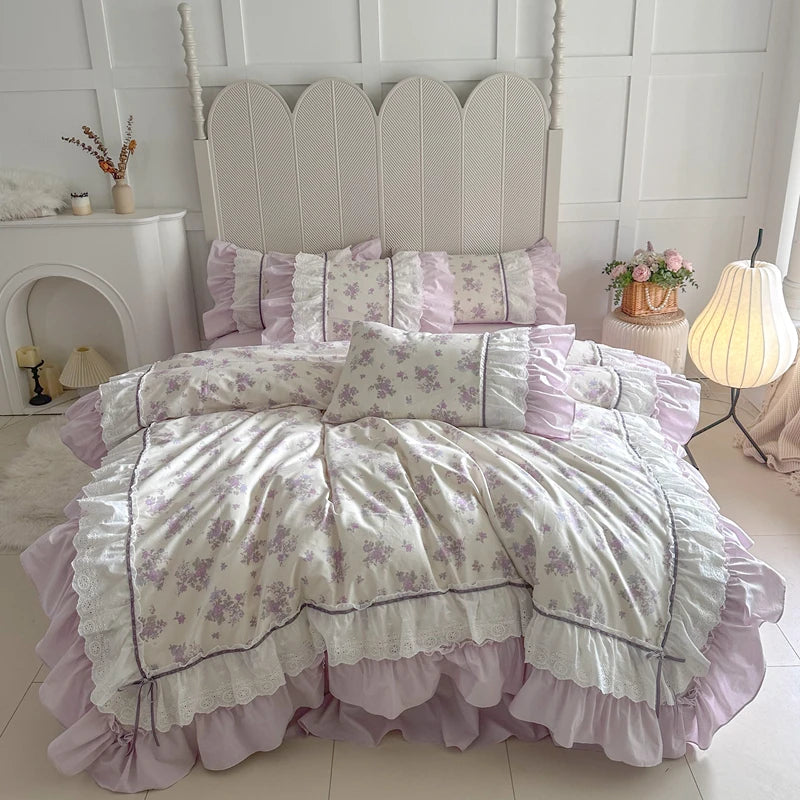 Pink Floral Double Layer Lace Ruffles 100% Cotton Bedding Set Duvet Cover Set Bed Sheet/Bed Skirt/Fitted Sheet Pillowcases 4Pcs