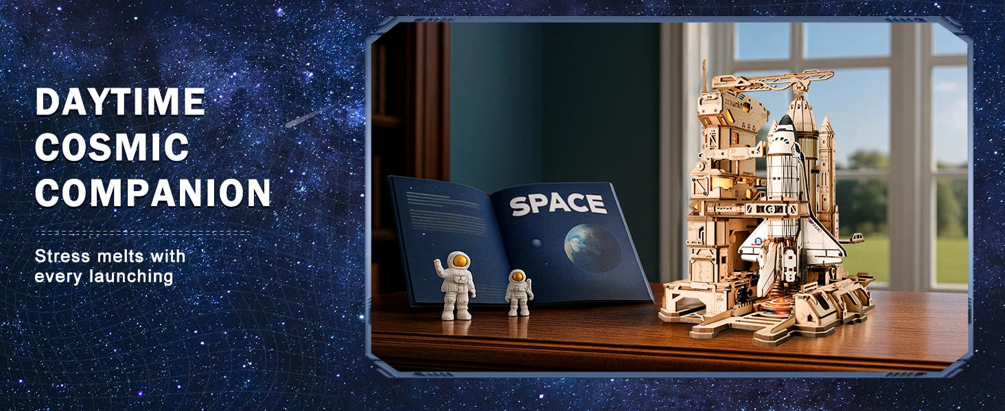 ROKR Space Shuttle 3D Wooden Puzzle Moving Rocket Launch Tower with Lights Mechanical Building Set STEM Project for Adults Teens