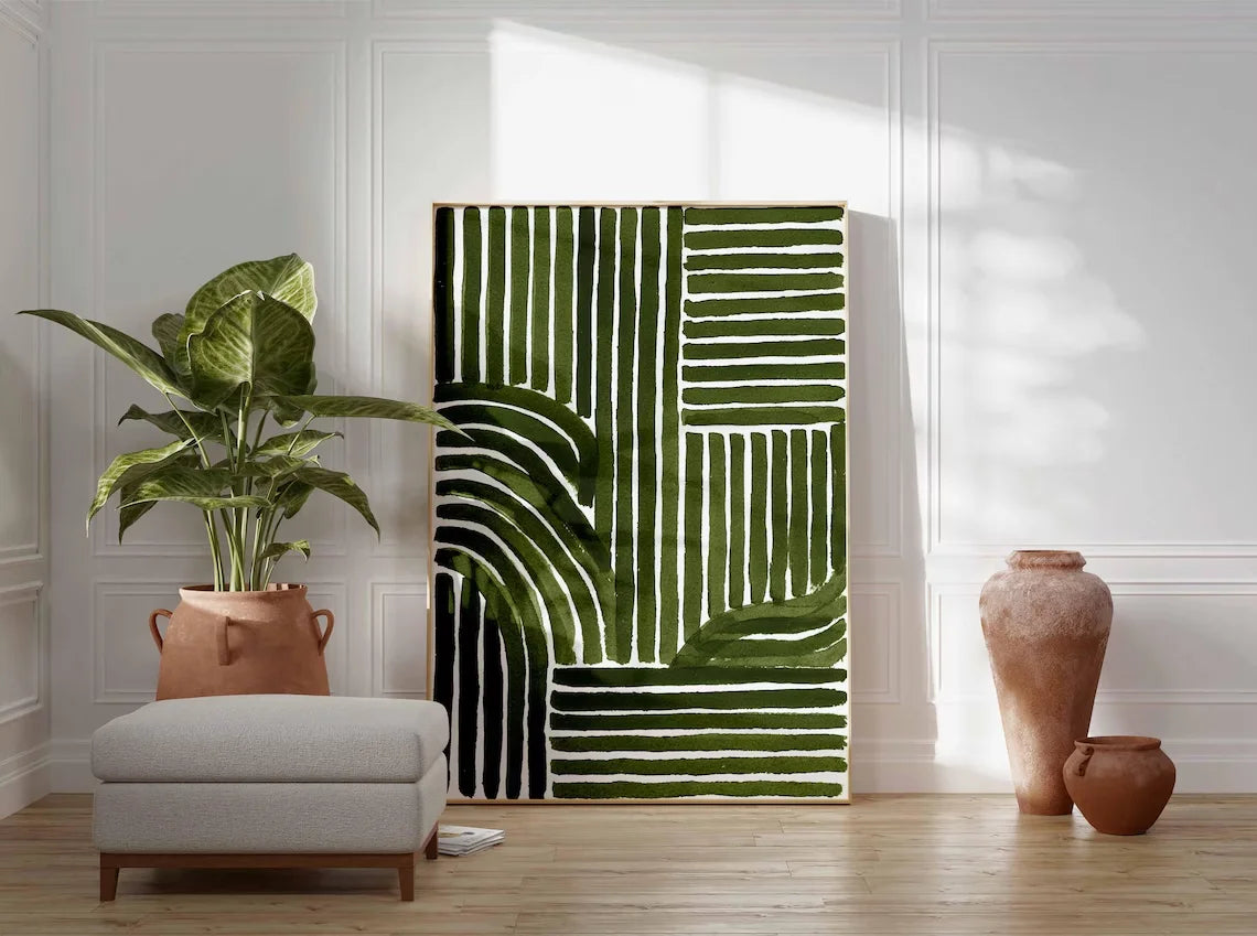 Green Abstract Line Art Print – Modern Minimalist Geometric Poster, Contemporary Wall Decor, Mid Century Inspired Artwork