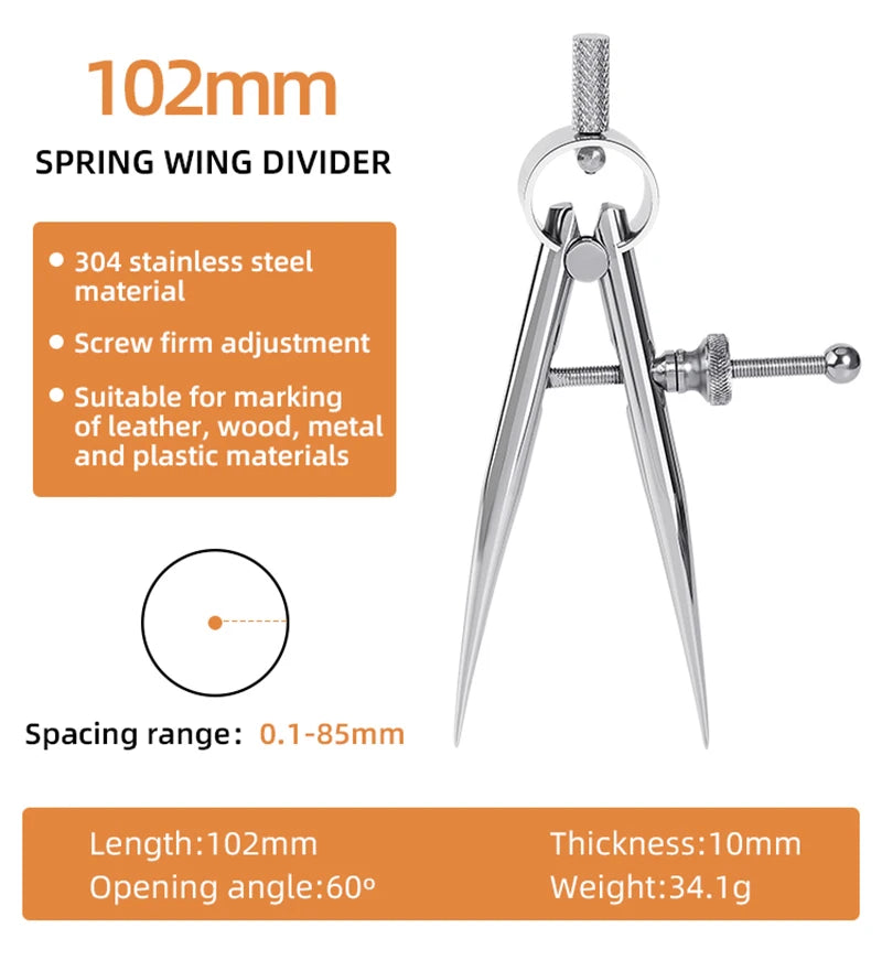 WUTA 304 Stainless Steel Wing Divider Smooth Metal Leather Splitter Spacing Compass Precision Scale for Metal,Wood,Craft,Jewelry