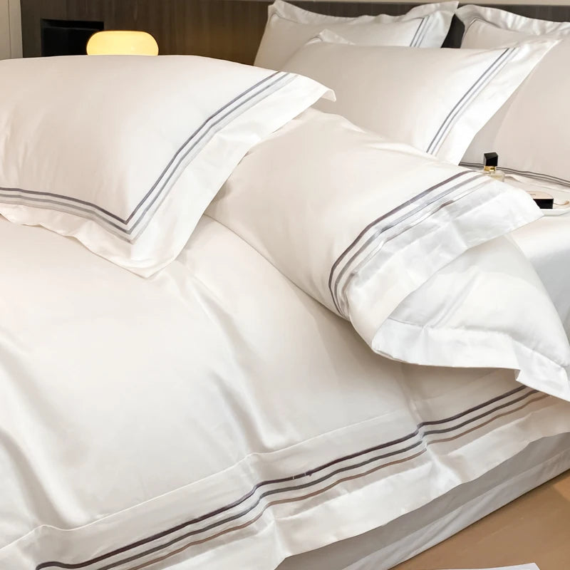 100% Cotton Luxury Hotel Style Bedding Set Queen King Size Solid Color Embroidery Duvet Cover Flat/Fitted Bed Sheet Pillowcases