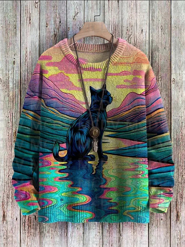 Unisex Vintage Cat Art Print Classic Sweater Men's For Women's Pullover