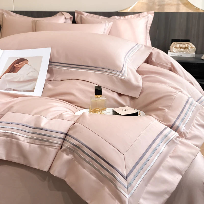 100% Cotton Luxury Hotel Style Bedding Set Queen King Size Solid Color Embroidery Duvet Cover Flat/Fitted Bed Sheet Pillowcases