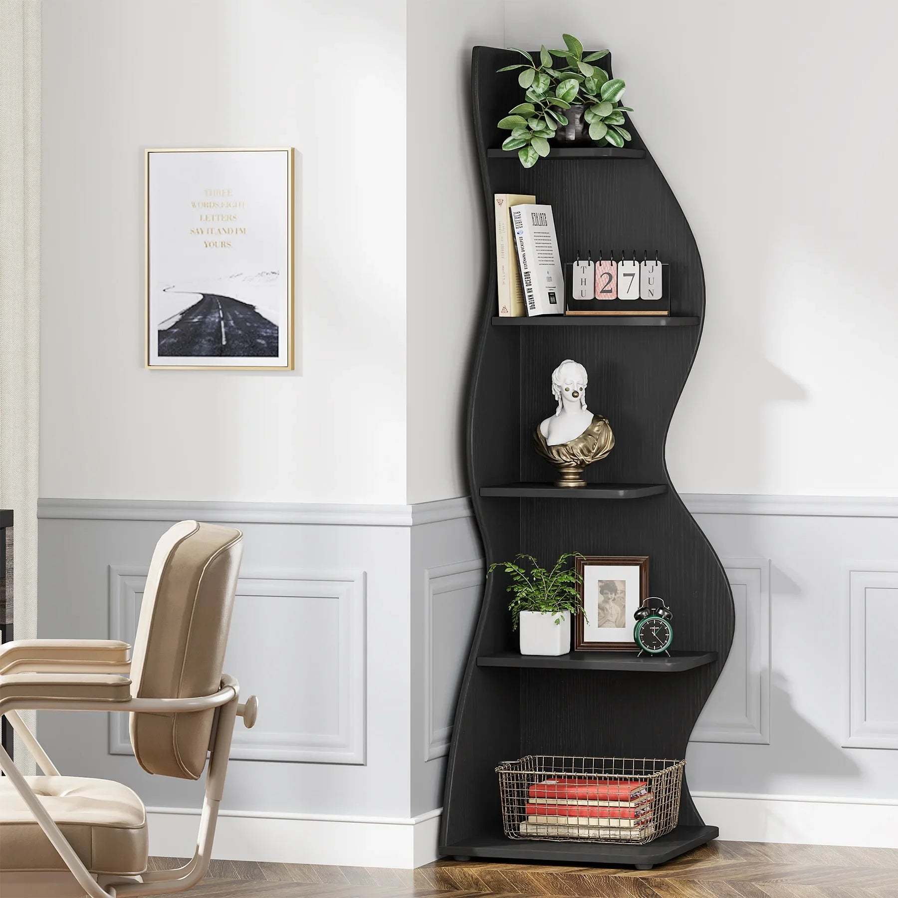 Modern 5-Tier Corner Bookshelf Wall Mounted Floating Shelves Unit Space Saving Storage for Living Room Home Office Bookcase.