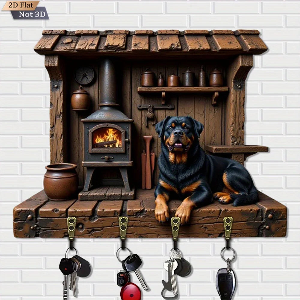 2D Flat, 1pc, Rottweiler log cabin fireplace - shaped wooden multi - functional home key hook rack, with four metal hooks, wall