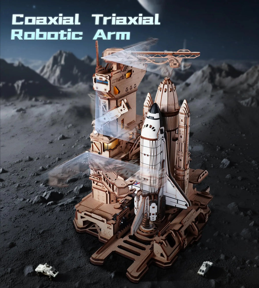 ROKR Space Shuttle 3D Wooden Puzzle Moving Rocket Launch Tower with Lights Mechanical Building Set STEM Project for Adults Teens