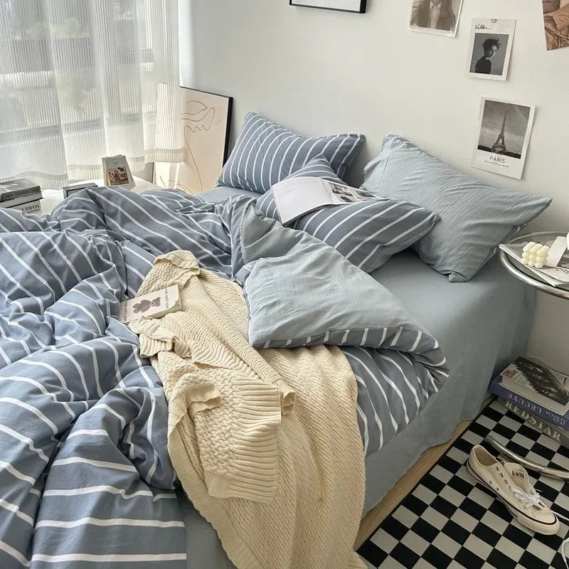 Stripe Bedding Comforter Set with Pillowcase bed sheet Single Full Size Bed Linen Duvet Cover Set Queen/King Double Single Bed