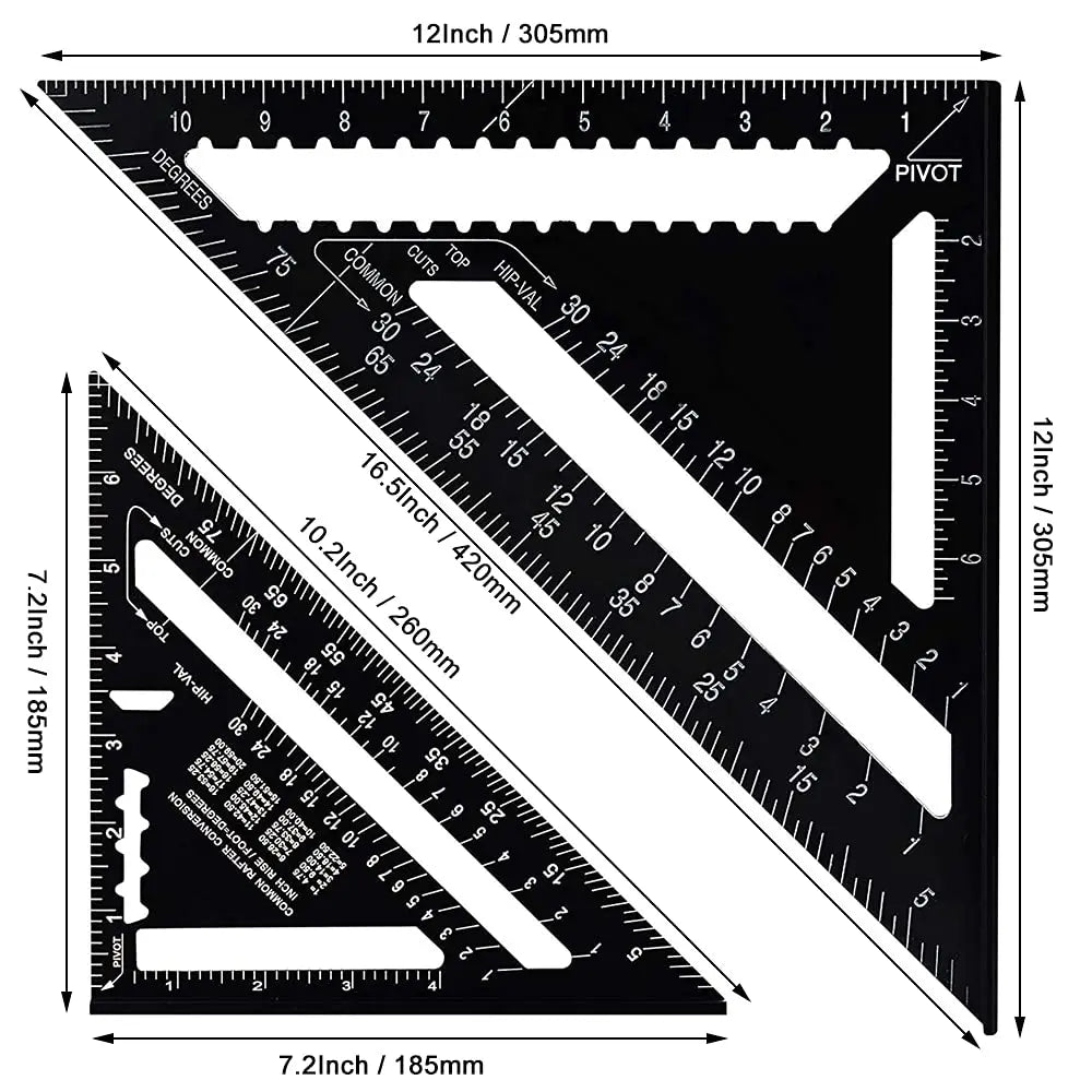 7'' /12" Rafter Square Carpenter Measuring Layout Tool Alloy Metal Triangle Ruler Protractor for Woodworking and Carpentry