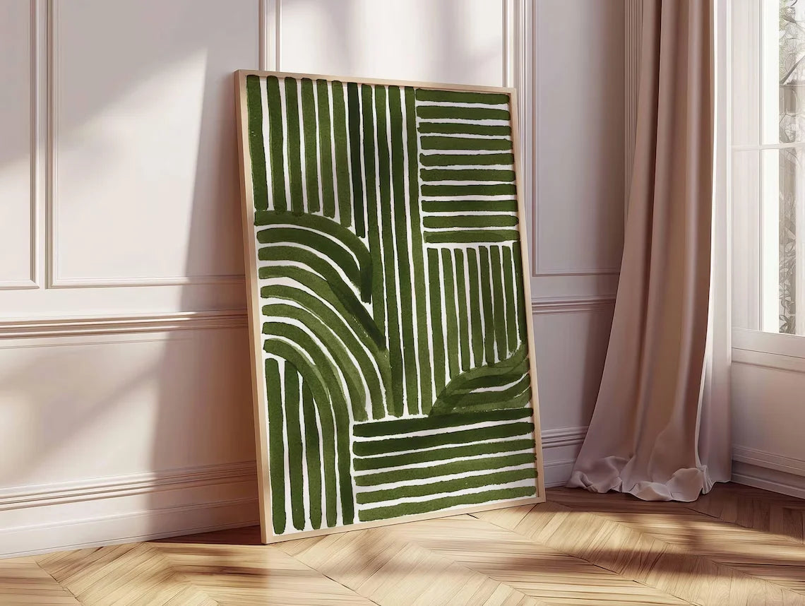 Green Abstract Line Art Print – Modern Minimalist Geometric Poster, Contemporary Wall Decor, Mid Century Inspired Artwork
