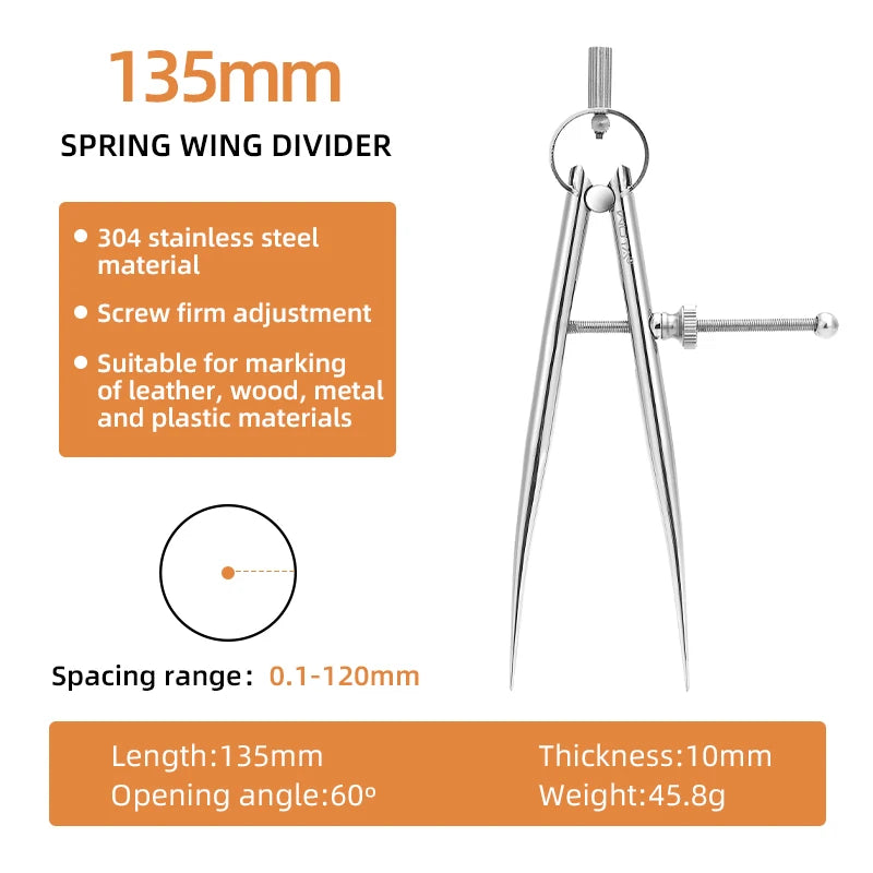 WUTA 304 Stainless Steel Wing Divider Smooth Metal Leather Splitter Spacing Compass Precision Scale for Metal,Wood,Craft,Jewelry