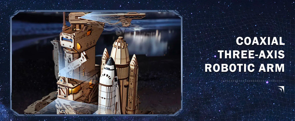 ROKR Space Shuttle 3D Wooden Puzzle Moving Rocket Launch Tower with Lights Mechanical Building Set STEM Project for Adults Teens