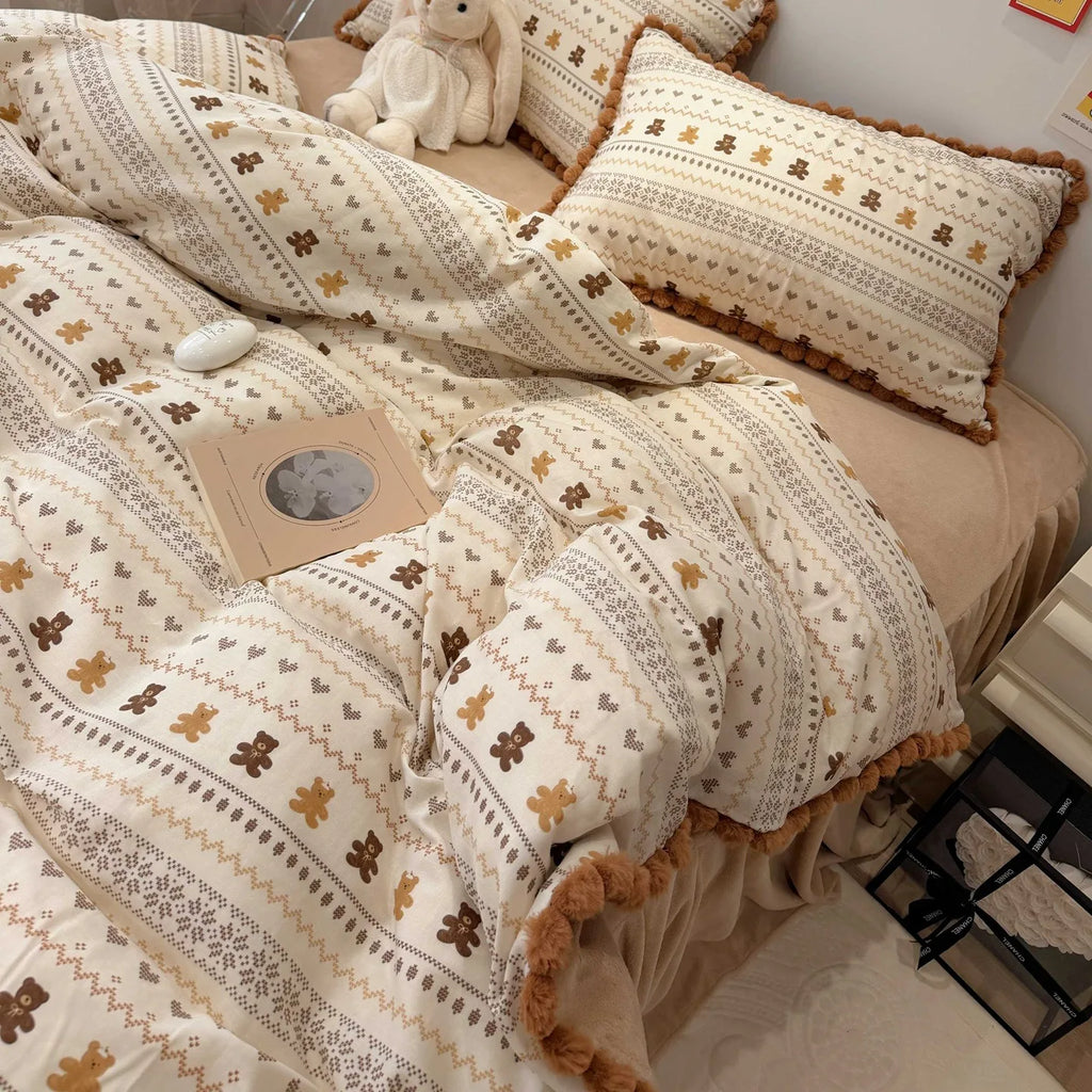 100% Cotton Double Layer Gauze 4-Piece Bedding Set - Milk Fiber Pom Poms Duvet Cover Set Soft Breathable for Bedroom