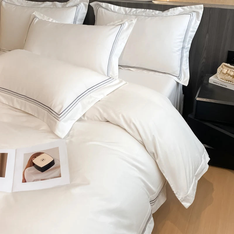 100% Cotton Luxury Hotel Style Bedding Set Queen King Size Solid Color Embroidery Duvet Cover Flat/Fitted Bed Sheet Pillowcases