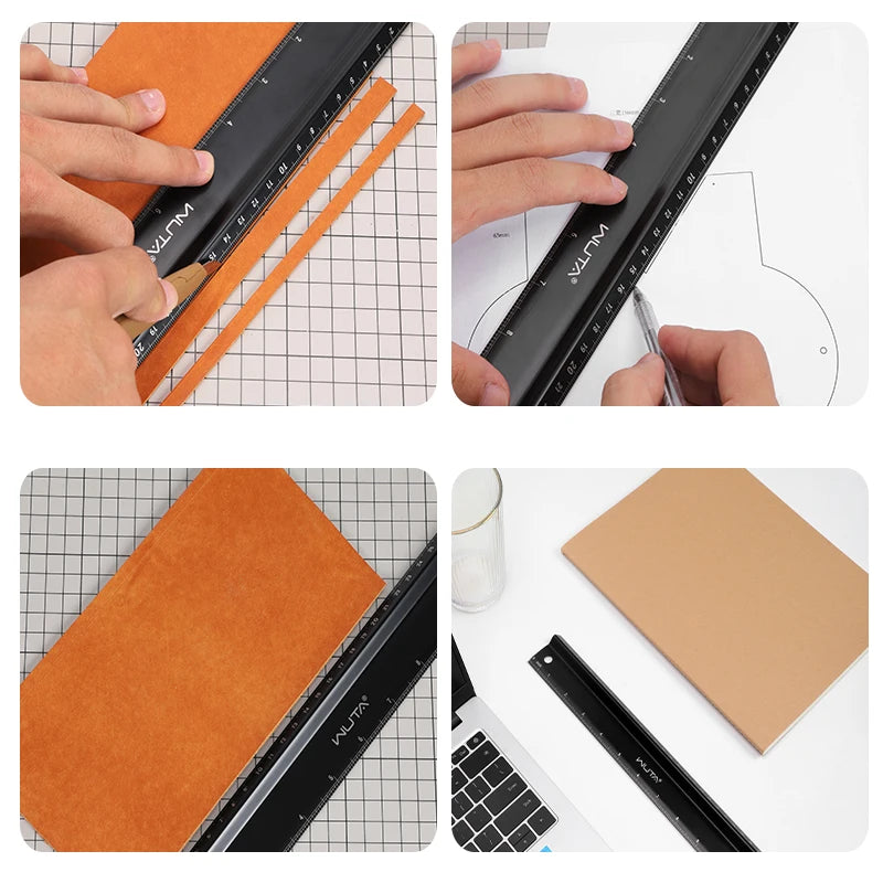 WUTA Leather Cutting Ruler Safety Ruler Titanium Plated Stainless Steel Protective Ruler Metal 30cm 12 inch Non-slip Craft Tools