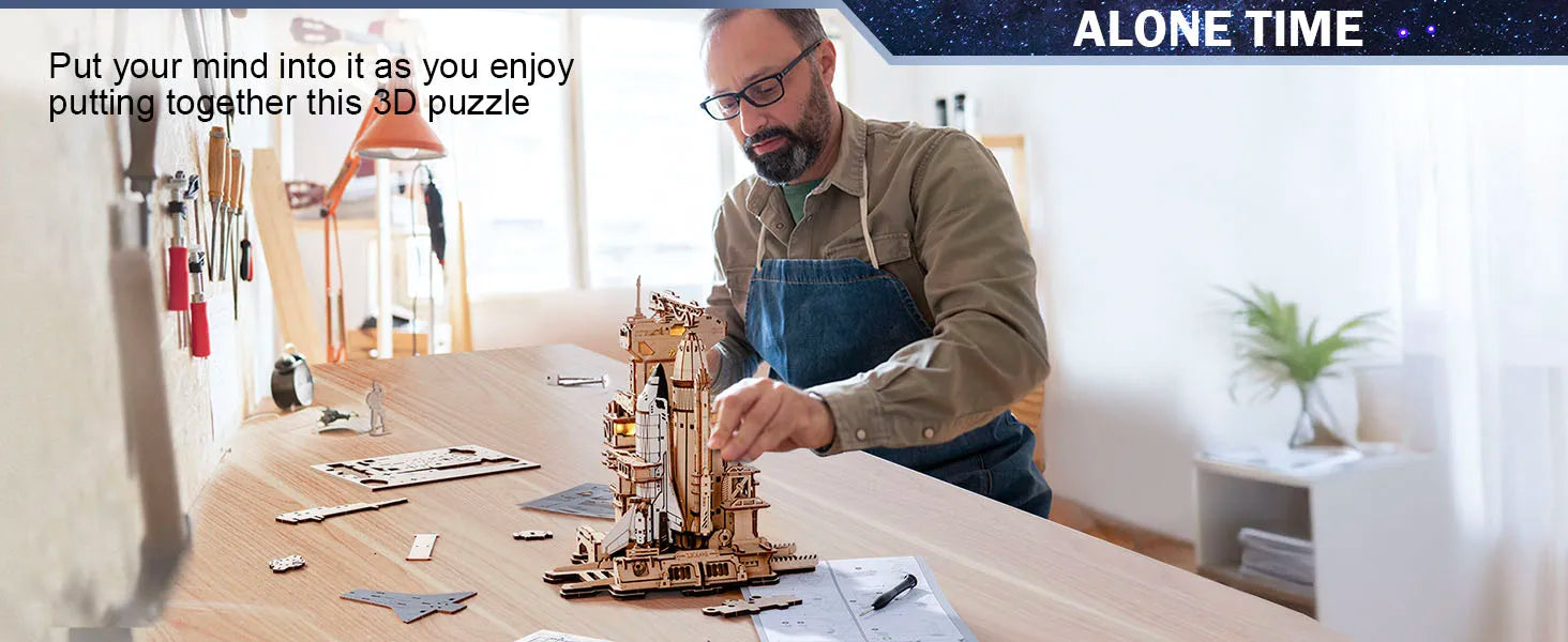 ROKR Space Shuttle 3D Wooden Puzzle Moving Rocket Launch Tower with Lights Mechanical Building Set STEM Project for Adults Teens