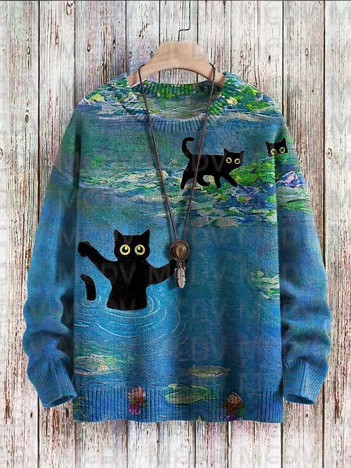 Unisex Vintage Cat Art Print Classic Sweater Men's For Women's Pullover