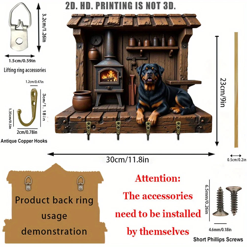 2D Flat, 1pc, Rottweiler log cabin fireplace - shaped wooden multi - functional home key hook rack, with four metal hooks, wall