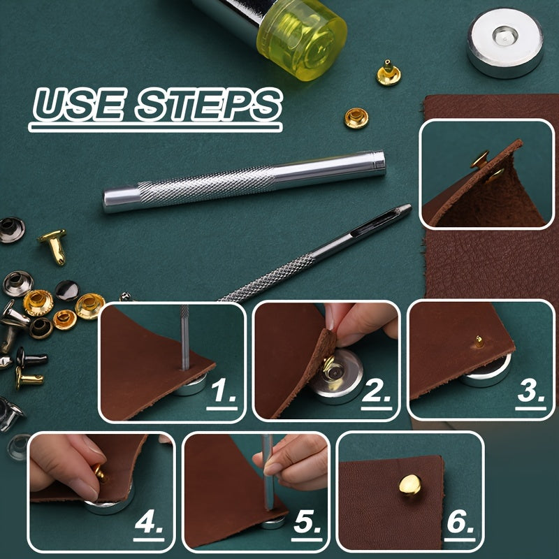 WUTUREE Leather Rivets Kit - With Rubber Hammer, Hole Puncher & Storage Box - Metal Rivets for DIY Leather Craft, Clothes, Shoes Decoration & Repair - For Crafters & DIY Enthusiasts