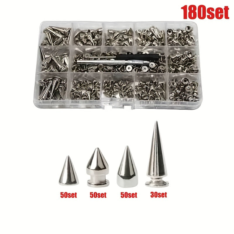 180/80sets Punk Rivet Screws Back Studs And Tip Kit, With Tools Leather Craft Bullet Cone DIY Leather Collar Bangle