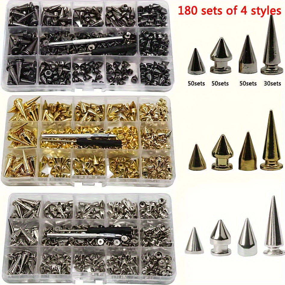 180/80sets Punk Rivet Screws Back Studs And Tip Kit, With Tools Leather Craft Bullet Cone DIY Leather Collar Bangle