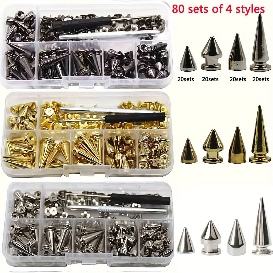 180/80sets Punk Rivet Screws Back Studs And Tip Kit, With Tools Leather Craft Bullet Cone DIY Leather Collar Bangle