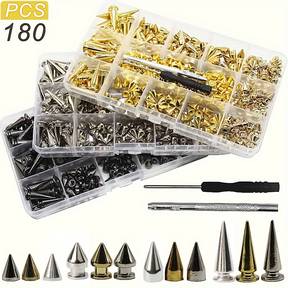 180/80sets Punk Rivet Screws Back Studs And Tip Kit, With Tools Leather Craft Bullet Cone DIY Leather Collar Bangle